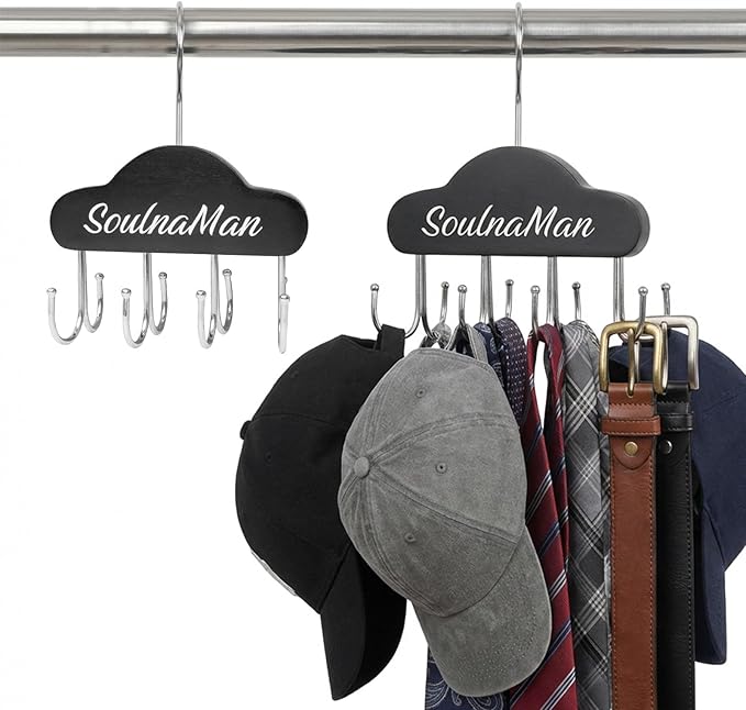 Belt Organizer,2 PCS Belt Hanger for Closet,Tie Organizer for Men,Rotatable Sturdy Shirt Hangers with 8 Hooks,Tie Rack for Belt, Bra, Tank Top, Tie, Hat, Purse,Black