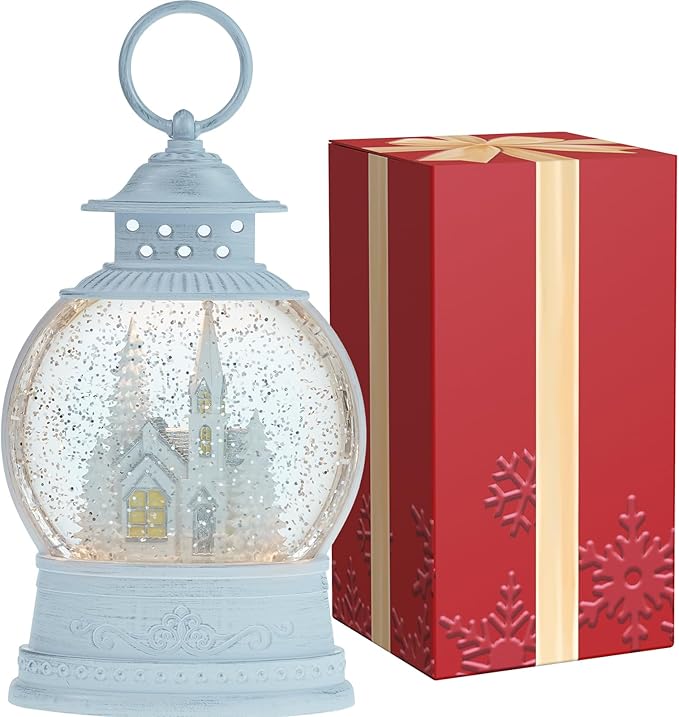 Christmas Church Snow Globe, Musical Snow Globe Lantern with Swirling Glitter, White Christmas Tree Churches, USB & Battery Operated Light-Up Christmas Decorations Indoor for Home
