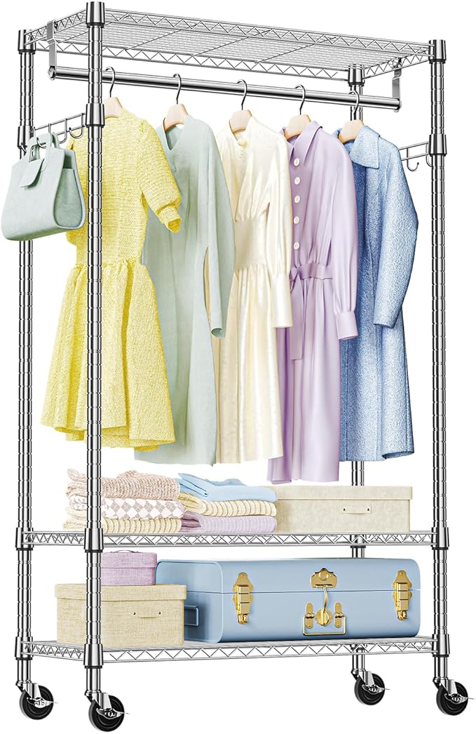 IZEUK Heavy Duty Rolling Garment Rack Wire Clothes Rack for Hanging Clothes (Chrome, 3 Tier with 2 Rod, 29.5" W x 15.7" D x 75" H)