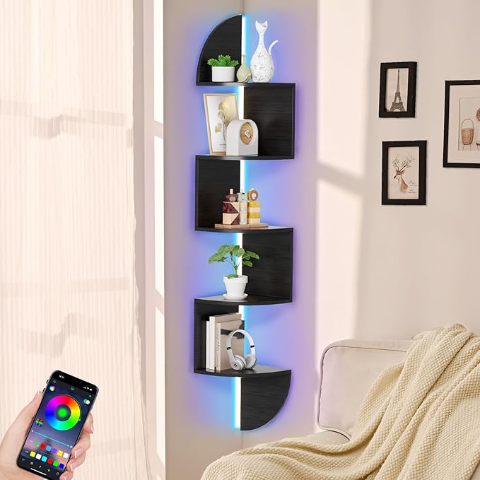 Waipfaru Corner Shelf, 5 Tier Bookshelf with LED Light, Corner Shelf Wall Mounted, Floating Shelves for Wall, Display Stand for Bedroom, Living Room, Bathroom, Home, Office, Black