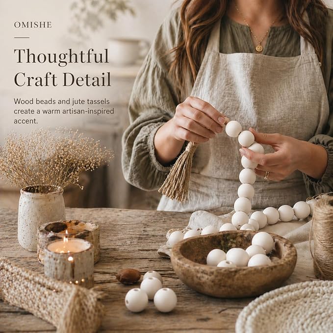 OMISHE 60" Long Extra Large Wood Bead Garland with 1.6" Diameter Wooden Beads and Tassels, Rustic Farmhouse Country Decorative Beads for Home Tiered Tray Decor, White