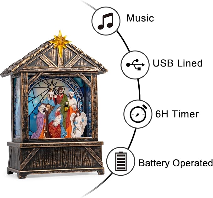 Christmas Snow Globe Lantern Water Glittering Nativity Manger with Star, USB Lined/Battery Operated Lighted Lantern for Christmas Festival Decoration Gifts