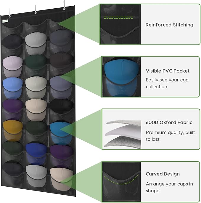 Unjumbly Baseball Hat Rack, 24 Pocket Over-The-Door Hat Organizer with Clear Deep Pockets to Display Baseball Caps Collection, Complete with 3 Over Door Hooks (Black, 24 Pockets)