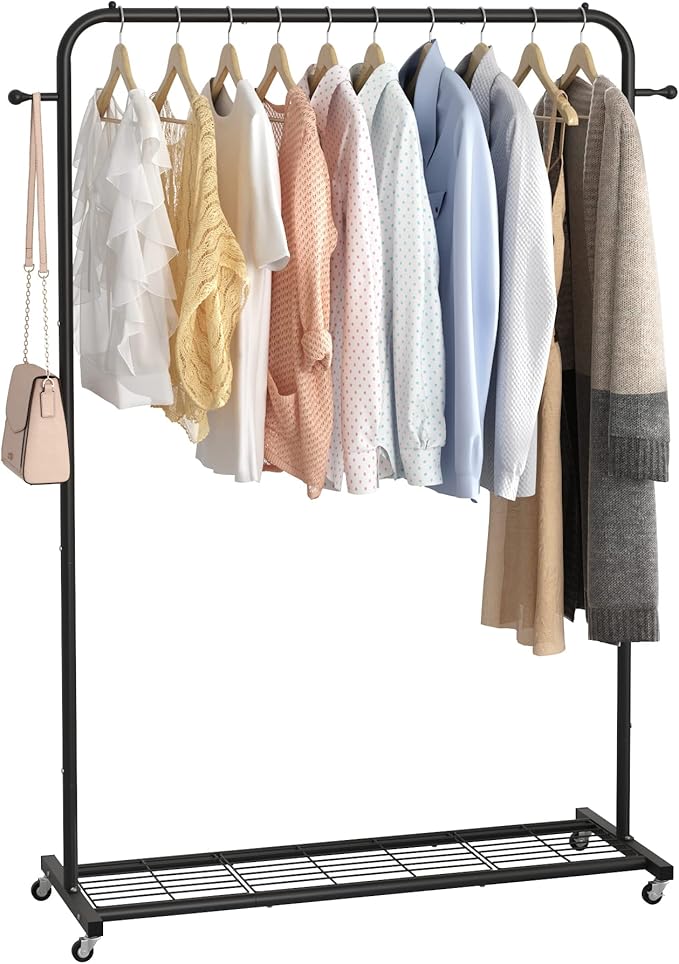 Sywhitta Clothing Rack on Wheels with Mesh Storage Shelf & Sturdy Metal Frame, Rolling Garment Rack for Hanging Clothes, Coats, Skirts, 39.76" L x 16" W x 64.56" H,Black