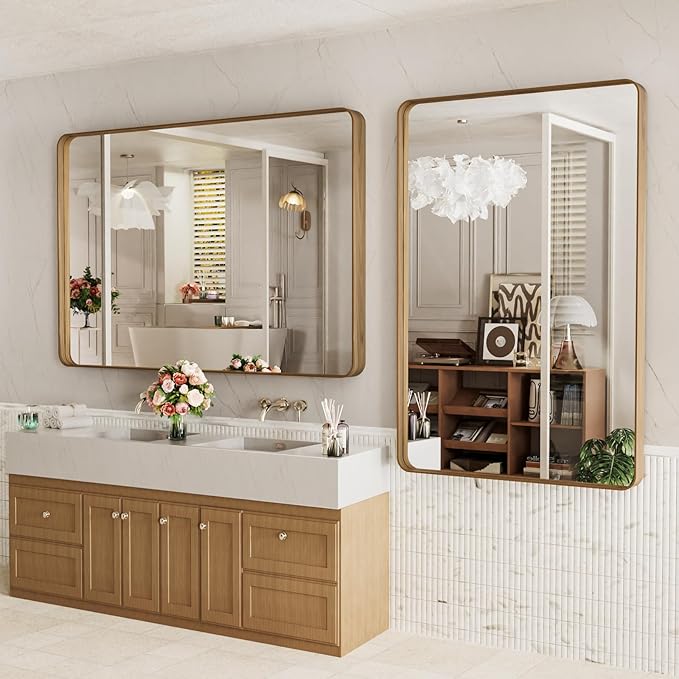 LOAAO 50X30 Inch Bathroom Mirror with Wood Grain Colored Metal Frame, Rounded Rectangle Metal Framed Bathroom Mirror, Anti-Rust, Hangs Horizontally or Vertically, Tempered Glass