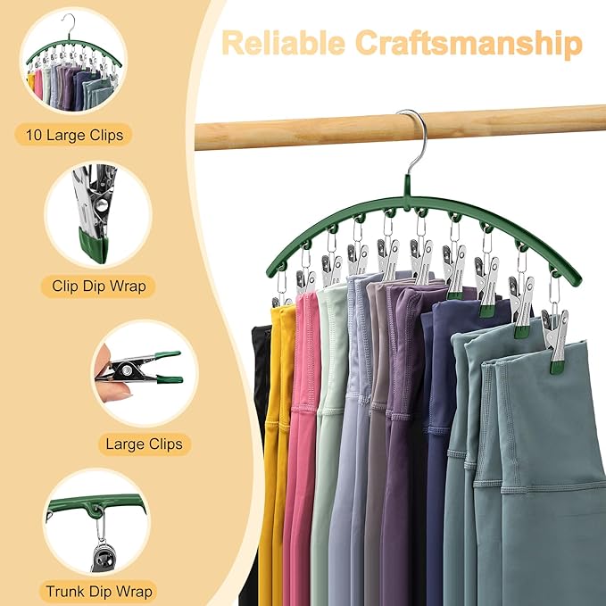 Legging Organizer for Closet, Metal Yoga Pants Hangers 4 Pack w/10 Clips Holds 40 Leggings, Space Saving Hanging Closet Organizer w/Rubber Coated Closet Organizers and Storage, Green