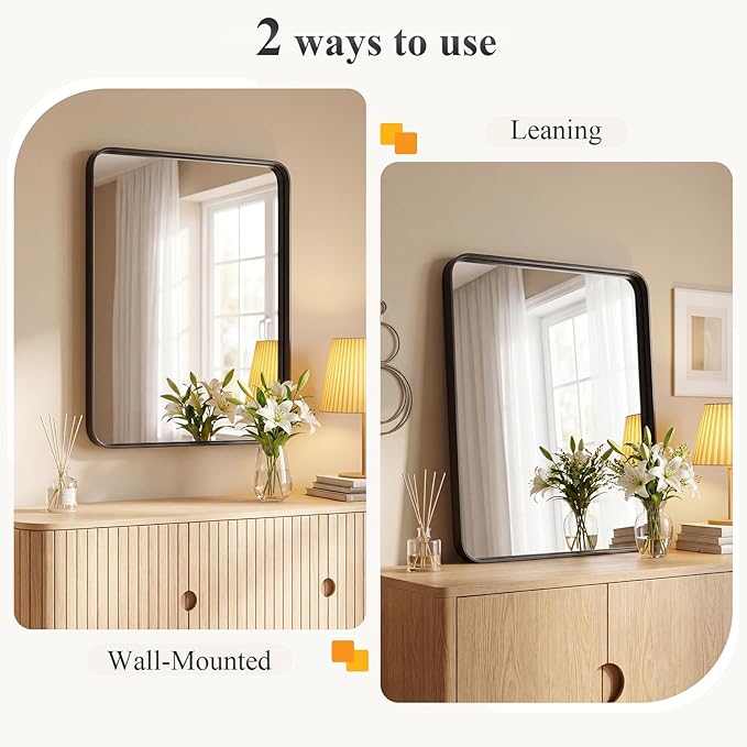 Sweetcrispy Bathroom Wall Mirror, 48x30 Inch Wall Mount Mirror for Over Sink, Modern Rounded Rectangle Vanity Mirrors with Matte Metal Framed, for Home Decor, Living Room, Bedroom, Black