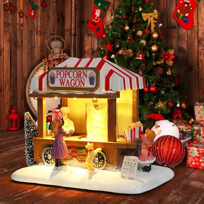 Christmas Village Collectible Buildings Christmas Village Houses Popcorn House with LED Light Musical USB Indoor Figurines Decoration Indoor Xmas Decor