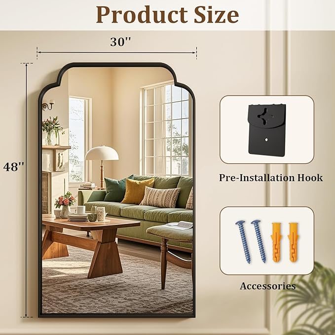 30X48 Inch Black Bathroom Mirror for Wall, Modern Rounded Corner Rectangle Mirror with Non-Rusting Iron Metal Framed Bathroom Vanity Mirror for Over Sink Wall Decor