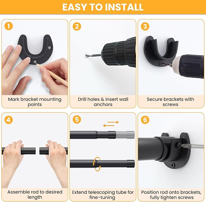 Closet Rods for Hanging Clothes, 17-69 Inch No-Cut Stepless Adjustable Closet Rod, 1.3 Inch Heavy Duty Metal Closet Hanging Rod with Brackets, Matte Black Closet Bar for Closet, Laundry Room, RV