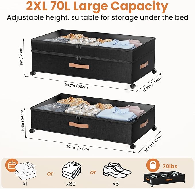Under Bed Storage with Wheels, 72L XXL Under the Bed Storage Containers Large, 10‘’ Tall Adjustable Storage for Underbed with Lids, Rolling for Shoes, Clothes, Blankets, Black