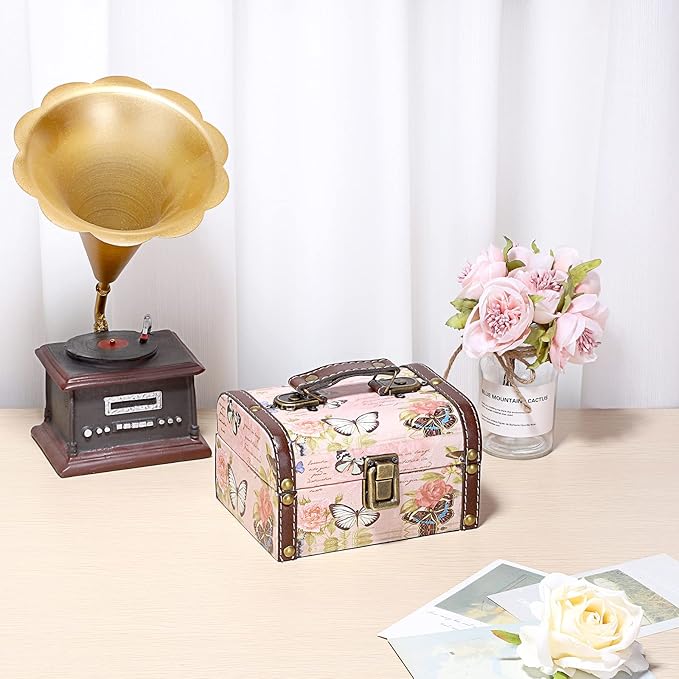 ELLDOO Decorative Treasure Chest Box, Wooden + PU Leather Storage Box for Jewelry Trinkets, Keepsakes box for Girls Women Gifts (Butterfly Pattern, Small)