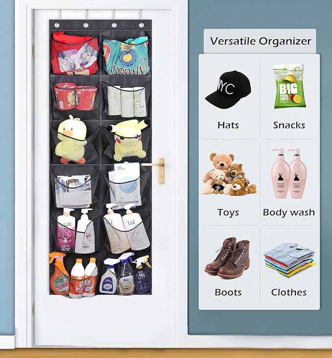 KIMBORA Boots Hanging Shoe Organizer for Closet 12 Extra Large Mesh Pockets Over The Door Shoe Rack for Men Shoes Size 16, Black