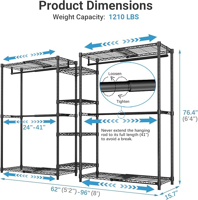 VIPEK X3 Expandable Heavy Duty Clothes Rack Adjustable from 5'2" to 8' with Adjustable Shelves and Hanger Rods, Large Freestanding Clothing Racks Reach-in & Walk-in Closet, Max Load 1210LBS, Black
