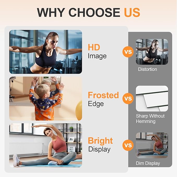 Hasipu Home Gym Mirror, 95"x40" Each, 1-Pack Frameless Wall Mounted Mirrors with Glass Clamps & 1 Aluminum Rail, Large Body Mirror for Home Gym, Yoga Studio, Bedroom, Silver Tempered Glass