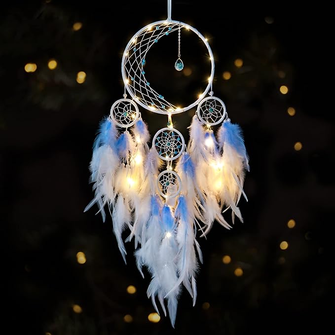 KHOYIME LED Light Up Dream Catcher Half Circle Moon Decor with Lights Handmade Feather Dreamcatchers for Bedroom Bohemian Home Decor Wedding Ornament Craft Gift for Girls Boys (Blue)