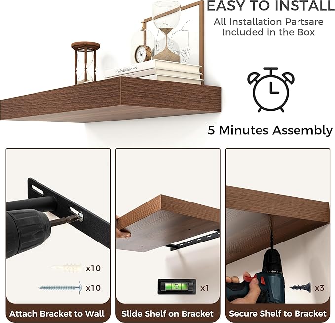 Venusmiles Floating Shelves for Wall, 36" W x 12" D x 2" H, 2 Pack of Long Wall Mounted Engineered Wood Shelves with Invisible Brackets for Living Room, Bedroom, Bathroom, Kitchen Decor, Walnut