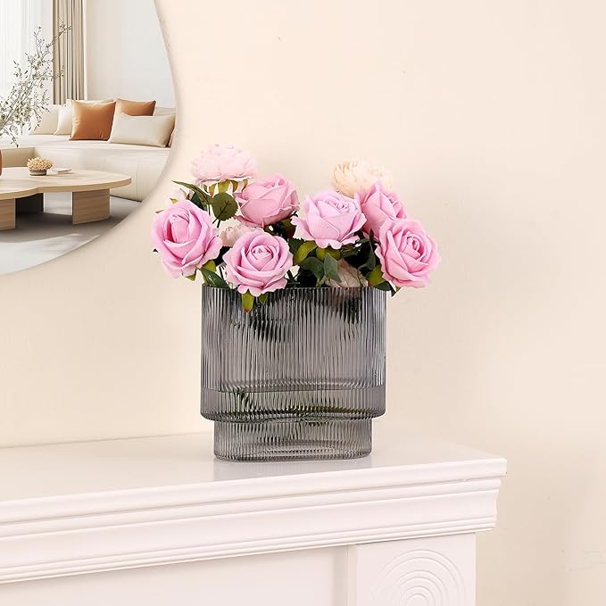 Ribbed Glass Vase, Black Glass Vase, Fluted Short Vases for Flowers, Modern Vases for Living Room, Dining Room, Bathroom, Desk, Shelf, Wedding, Office, 7 Inches