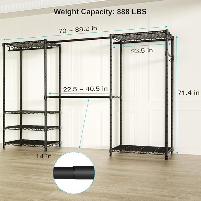 Ulif E1 Heavy Duty Closet Garment Rack, 6 Tiers Adjustable Metal Freestanding Expandable Clothing Storage with 4 Hanger Rods, Easy to Assemble Wardrobe, 71.4" H x (70" - 88.2") L x 14" D, Black