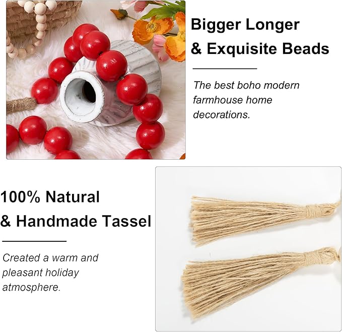 OMISHE Extra Large Wood Bead Garland Red with 1.6" Diameter Wooden Beads and Tassels, 41" Long Rustic Farmhouse Country Decorative Beads for Home Tiered Tray Decor, Red