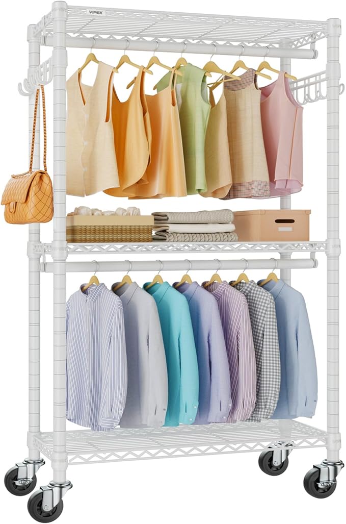 VIPEK R2 Medium Heavy Duty Clothes Rack Rolling Clothing Rack Adjustable Metal Wire Shelving Portable Closets with Double Hanging Rods, Side Hooks, Freestanding Closet Racks Wardrobe, White