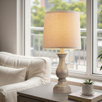 Seealle Farmhouse Table Lamps Set of 2 - Rustic Lamp for Bedroom Living Room, 22" Boho Bedside Lamps for Night Stands End Table Office Desk Lamp Nightstand with Linen Shades(Wood Painted)