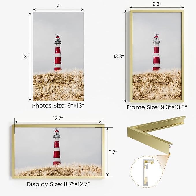 9x13 Aluminum Metal Picture Frame,Tempered Glass Gold Photo Frame 9x13 for Family Photo,Posters,Art,Document to Wall Mount Horizontally or Vertically
