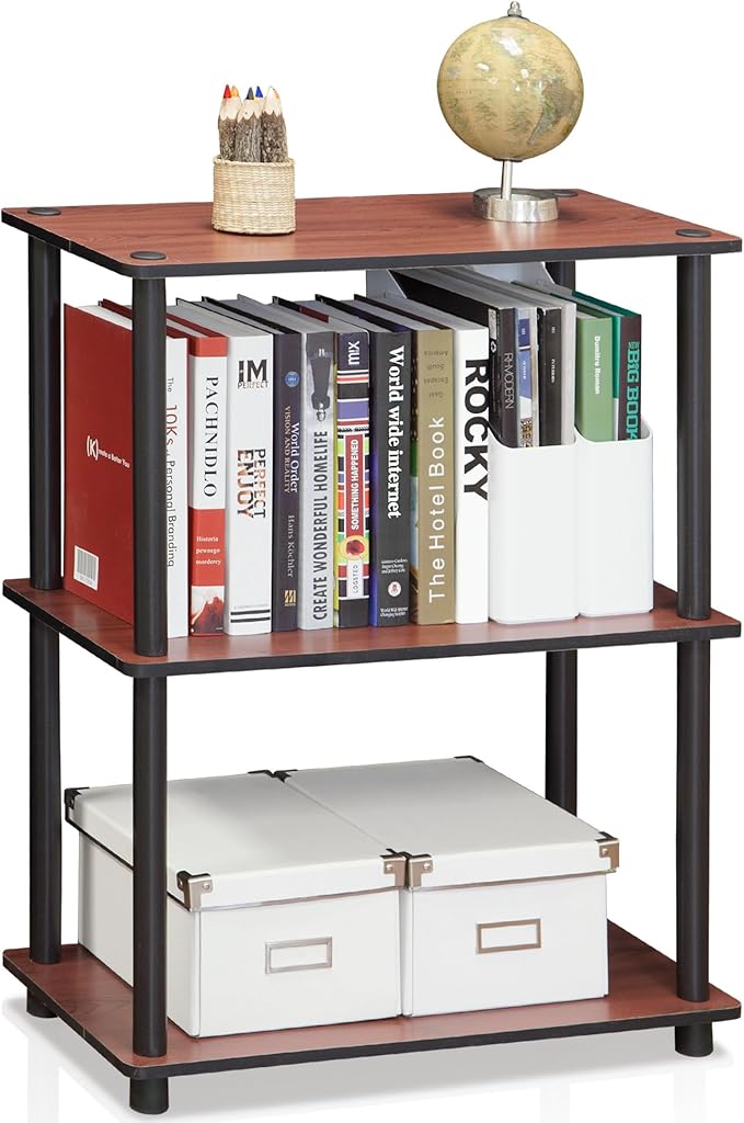 Furinno TURN-N-TUBE Storage Shelves, 3-Tier Book Shelf, Corner Shelf, Toolless Open Shelves, for Organization and Storage, Living Room, Garage, Home Office, Dark Cherry
