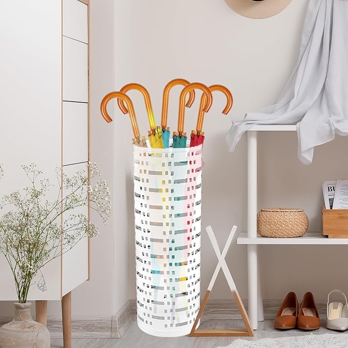 Umbrella Stand Rack, Free Standing Round Metal Umbrella Holder, Walking Sticks Umbrella Bins Waterproof Umbrella Storage Rack 16.5 x 6 inch Hollow Umbrella Storage Bucket for Indoor Home Office(white)