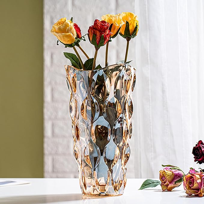 CEMABT Amber Glass Vase for Centerpieces, 9.4-inch Height, 5.1-inch Opening Width, 3.4 lbs Weight, Unbreakable, Suitable for All Kinds of Flowers, Modern and Elegant
