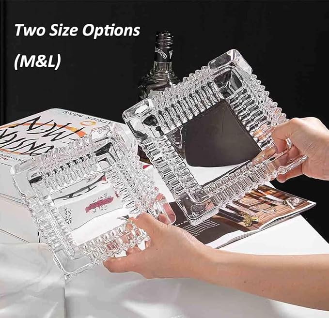 Handmade Glass Ashtray, Ashtray Ash Holder for Indoor or Outdoor Patio Desktop Office Smokers, Ash Tray for Tabletop Home Office Decor (Crystal, L)
