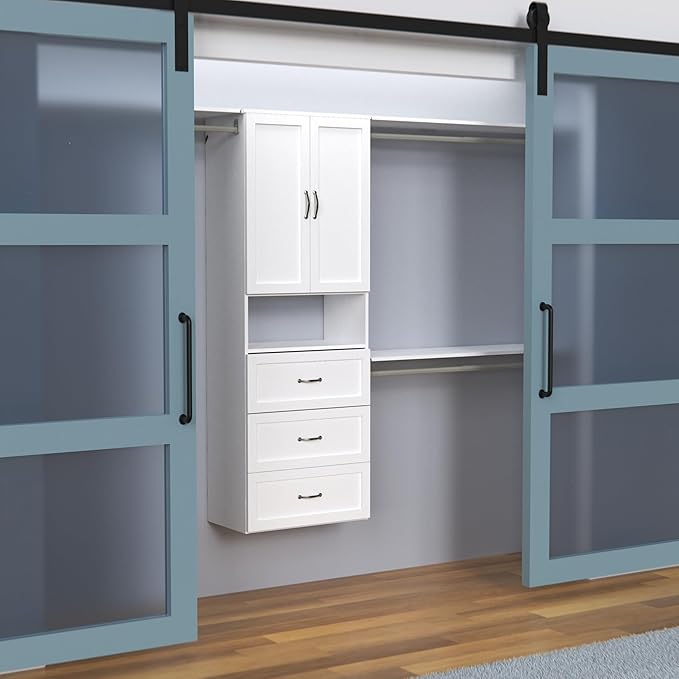 ClosetMaid SuiteSymphony Hanging Closet Kit Includes (1) Tower, (3) Closet Rods, (4) Shelves, (3) Top Shelves w/Brackets, (3) Drawer, and (1) Closet Door Set, White