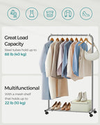 SONGMICS Clothes Rack with Wheels, Clothing Rack for Hanging Clothes, 25.4 mm Metal Garment Rack with Dense Mesh Storage Shelf, 110 lb Load Capacity, 2 Brakes, Gray UHSR025G01