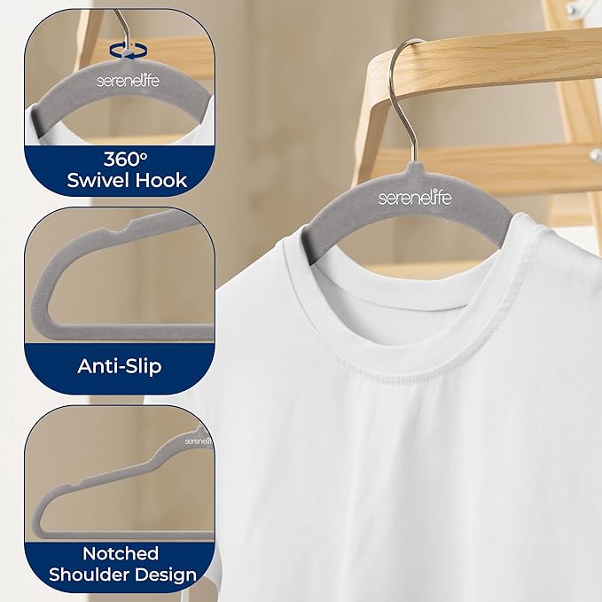 SereneLife 200-Pack Velvet Hangers – Space-Saving Non-Slip Gray Clothes Hangers with 360° Swivel Hooks, Heavy Duty Ultra-Thin Design for Coats, Shirts, Dresses & More – Durable & Lightweight