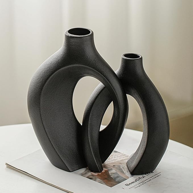 Snuggle Hollow Modern Ceramic Vase Set of 2, Mid Century Nordic Aesthetic Decorative Vase Decorative Vases for Home Table Decor (Matte Black W 6.3" X H 8.4")