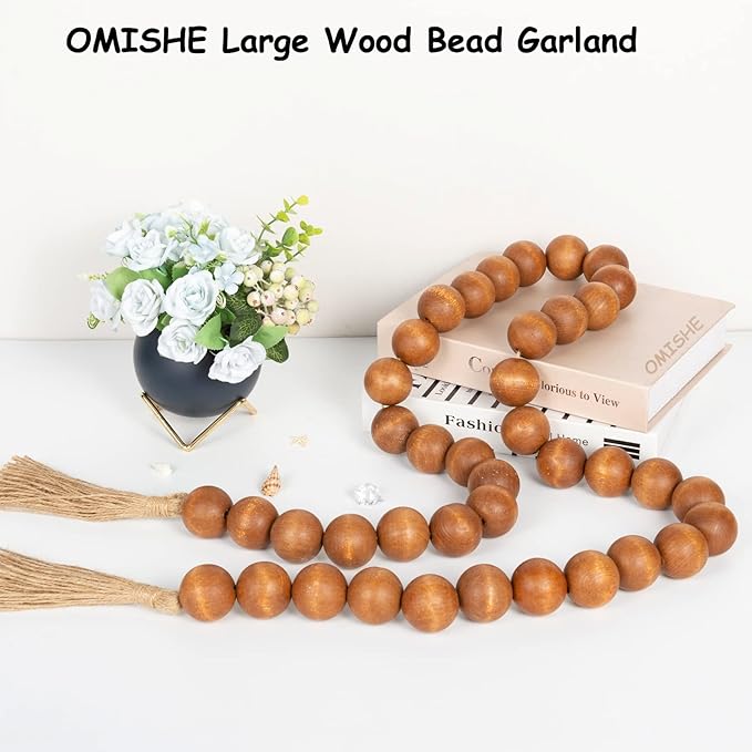 OMISHE 76" Long Extra Large Wood Bead Garland with 1.6" Diameter Wooden Beads and Tassels, Rustic Farmhouse Country Decorative Beads for Home Tiered Tray Decor, Brown