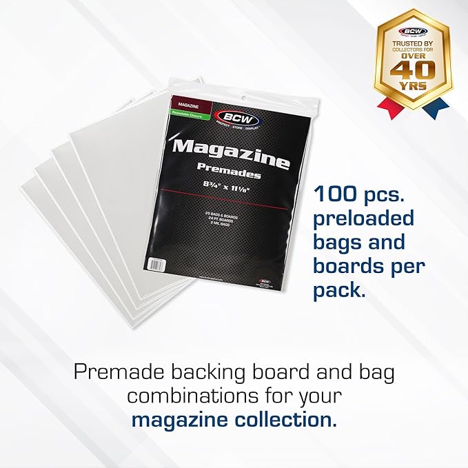 BCW Magazine Bags and Boards – (100 Pack) | Premade Resealable Magazine Protectors | Standard Size 8 ¾" x 11 ⅛" | Magazine Sleeves and Boards Pre-Loaded for Storage and Display
