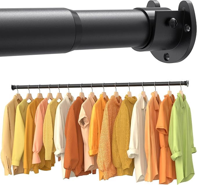 Closet Rods for Hanging Clothes, 17-69 Inch No-Cut Stepless Adjustable Closet Rod, 1.3 Inch Heavy Duty Metal Closet Hanging Rod with Brackets, Matte Black Closet Bar for Closet, Laundry Room, RV