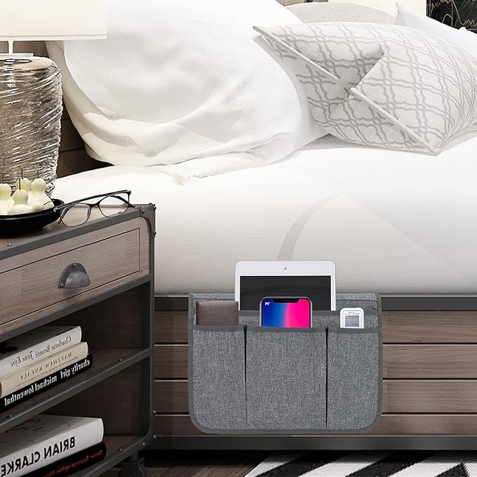 Bedside Caddy Bedside Storage Organizer Magazine Phone Tablet iPad Remote Holder, Organizer Caddy for Home College Dorm Bed, Sofa, Bunk Bed (Dark Grey)