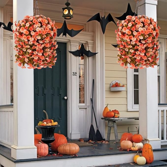 Artificial Fall Hanging Flowers Plants with Baskets for Outdoor Autumn Decoration,Fake Faux Silk Morning Glory Flowers Arrangement Planter for Home Indoor Outside Porch Patio Decor