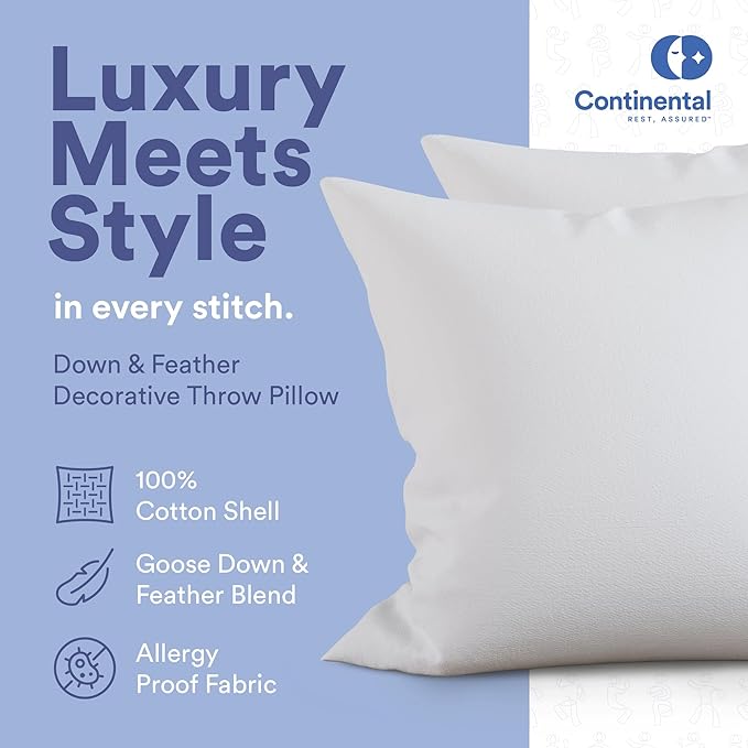 Continental Bedding Throw Pillow Inserts - 16x16, 80% White Goose Down & 20% Feather Fill - Soft Decorative Euro Pillows for Couch, Bed, Sofa & Living Room - Luxurious Comfort & Support
