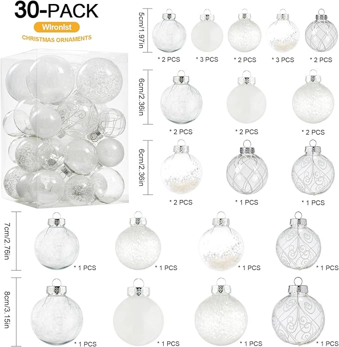 Wironlst Christmas Ball Ornaments Shatterproof Clear Large Plastic Hanging Ball Decorative Baubles Set with Stuffed Delicate Decorations (Multi-Size, White)