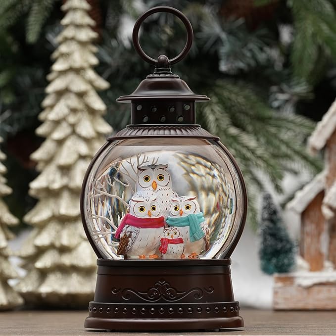 Christmas Owl Family Snow Globe Musical Snow Globes Light up Swirling Glitter Snow Globe Lantern with Timer, Owl Collectible Figurines Lighted Christmas Home Decor USB Powered & Battery Operated