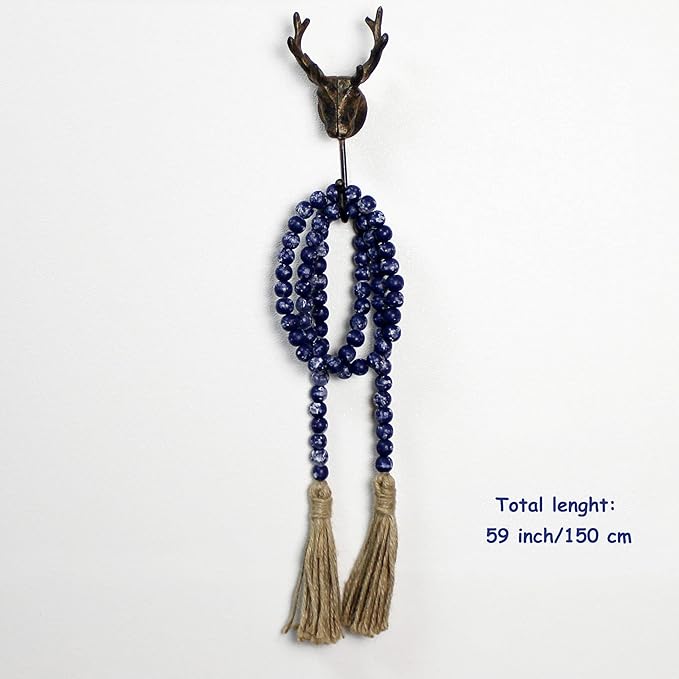 CVHOMEDECO. Wood Beads Garland with Tassels Farmhouse Rustic Wooden Prayer Bead String Wall Hanging Accent for Home Festival Decor. Navy Blue Stained