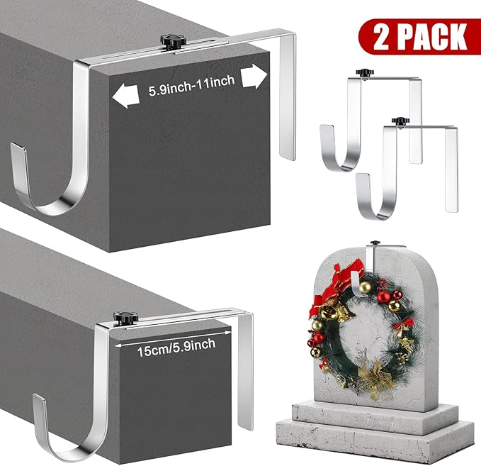 Blulu 7'' to 11'' Metal Headstone Wreath Hanger Christmas Memorial Day Adjustable Flower Wreath Holder Stands Gravestone Marker Cemetery Tombstone Saddles(2 Pcs)