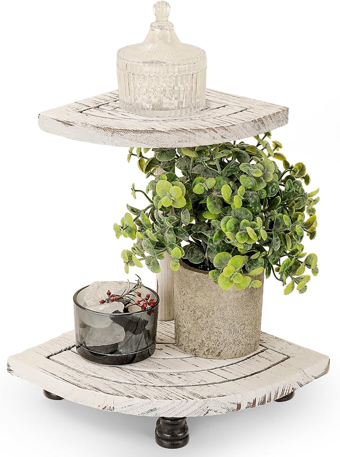 Tikea Decorative Wood Riser for Display, 2-Tier Farmhouse Corner Shelf for Kitchen Bathroom Counter Decor, Farmhouse Riser for Soap Dispenser, Decorations and Plant (White)