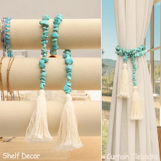 Natural Gemstone Bead Garland with Tassel,31inch Farmhouse Rustic Country Table Decor Prayer Healing Beads Boho Wall Shelf Hanging Decoration (Turquoise)