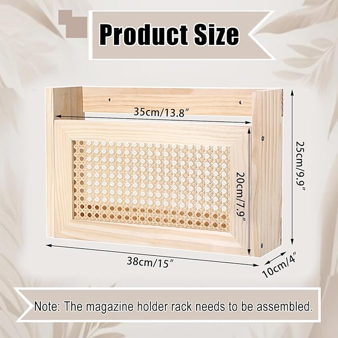 BTSKY Wooden Hanging Magazine Rack, Wall Mounted Magazine Holder Modern Rattan Hollow-out Design Mail Organizer, Assembly File Holder Letter Holder Wall Rack for Home & Office - 15x4x9.9 Inch