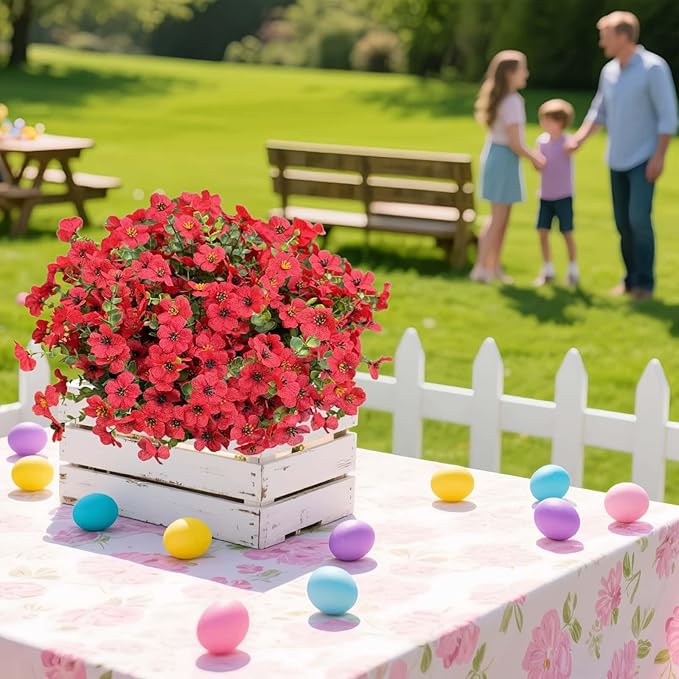 Artificial Flowers Outdoors UV Resistant Fake Plants, 12 Bundles Silk Daisy in Pots for Porch Patio Garden, Faux Potted Home Decor for Outside (Red)