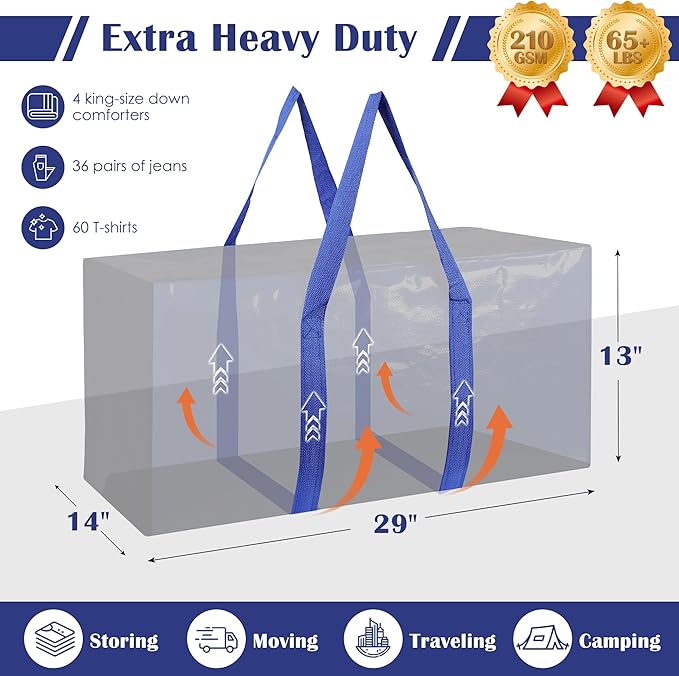6 Pack Extra Large Heavy Duty Moving Bags with Reinforced Zipper & Wide Handles, Moisture-Resistant Storage Bins Packing Cubes for Clothes, College Dorm, Travel, and Home Organization, Blue